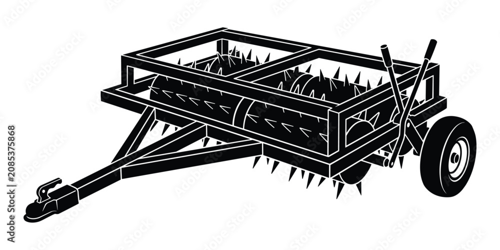 Naklejka premium Towable lawn aerator machine with spiked rollers for professional turf maintenance equipment.