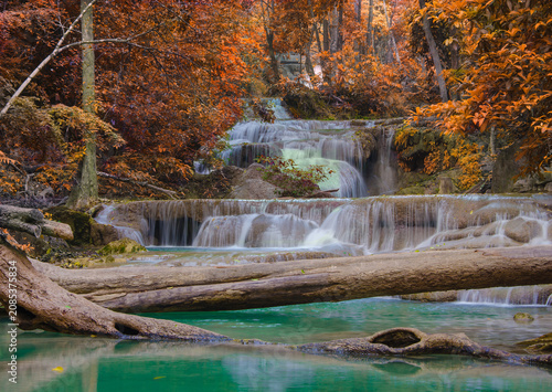 Turquoise waterfall pool surrounded by colorful autumn foliage and fallen logs with waterfall turquoise landscape