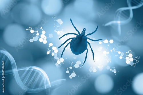 Scientific research on Ixodidae tick dna sequencing and molecular analysis in lab. Parasite over blue chemical abstract background for medical diagnostics vaccine development and pharmacology theme.