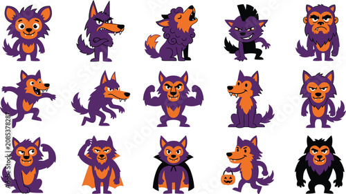 Bilde på lerret Collection of cartoon werewolf characters in purple and orange vector illustrati