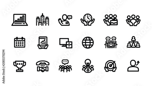 Set of diverse icons representing business collaboration and productivity concepts