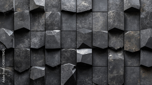 Dark geometric three dimensional wall panels with faceted stone texture and abstract grid layout