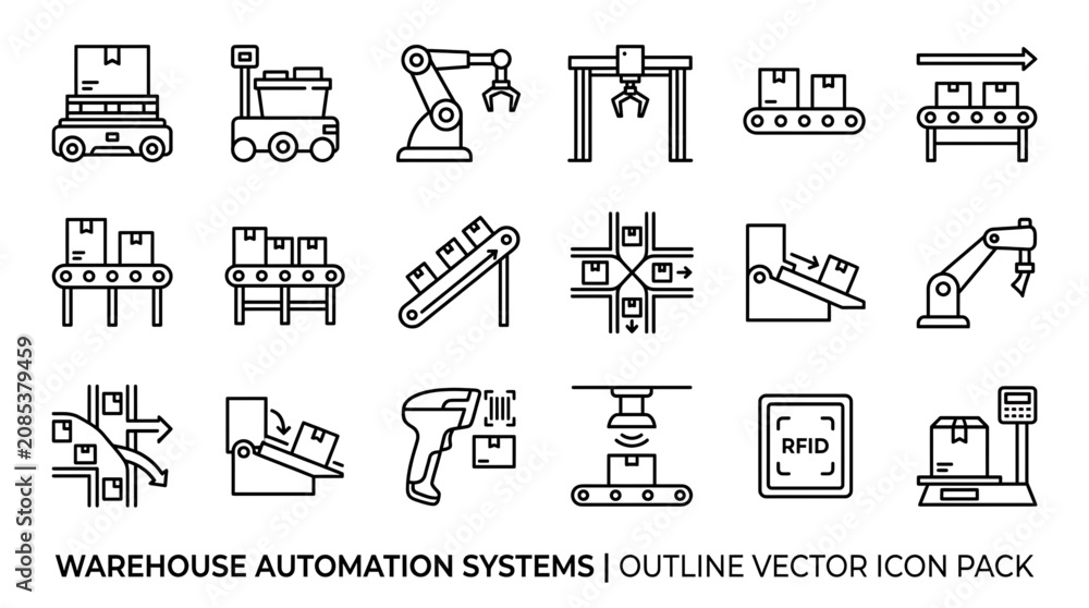 Fototapeta premium Industrial warehouse automation systems icons showcase various machinery