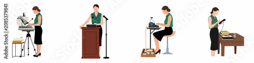 Photos Flat illustration set of a professional female stenographer or court reporter working in various office and courtroom environments with specialized equipment
