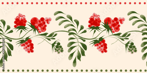 Border vector seamless pattern from pink raspberry and green leaves on a beige background 