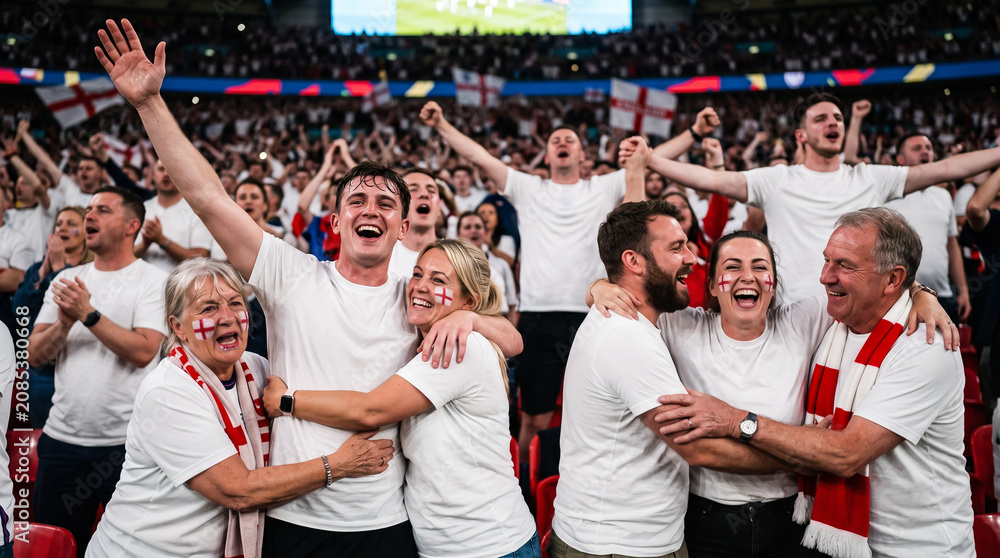 Obraz premium English football fans celebrating victory together in stadium stands wearing white shirts