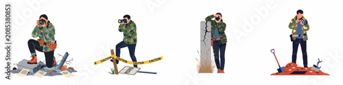 Obraz na plátně Collection of photojournalists and war correspondents in camouflage jackets capturing images in various challenging environments like ruins and restricted areas