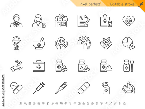 Pharmacy line icon collection. Pixel perfect. Editable stroke.