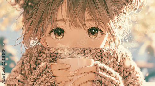 Cute anime girl in cozy knit sweater holding steaming hot coffee by winter window with snow bokeh, warm cafe illustration,冬の窓辺で湯気の立つコーヒーを両手に持つニットセーターの少女 雪とカフェの温もり アニメイラスト