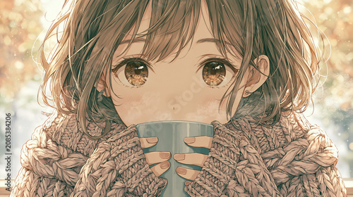 Cute anime girl in cozy knit sweater holding steaming hot coffee by winter window with snow bokeh, warm cafe illustration,冬の窓辺で湯気の立つコーヒーを両手に持つニットセーターの少女 雪とカフェの温もり アニメイラスト