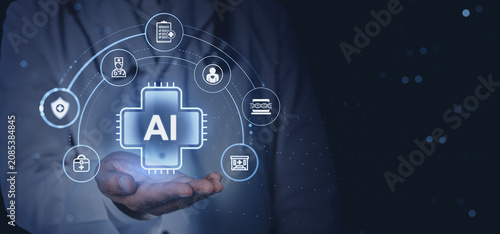 Foto AI healthcare interface glowing over doctors hand with futuristic medical icons and digital connections illustrating modern medical technology