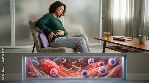 Bladder infection concept: cystitis ailment, urinary discomfort, painful urination, bladder inflammation, internal irritation, microbe invasion, body defense, suffer distress, health issue.