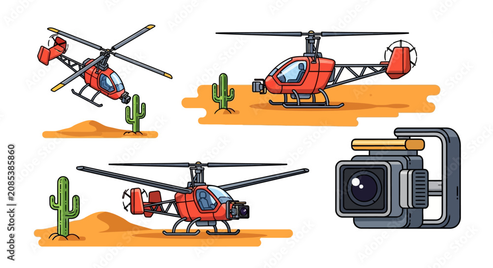 Fototapeta premium Cartoon Helicopters and Action Camera in Desert Landscape
