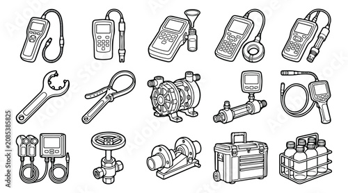 Canvastavla Industrial water testing equipment icons, set of 15 technical vector illustratio