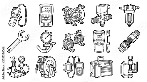 Cuadro en lienzo Industrial plumbing equipment icons, 15 technical vector elements for water trea