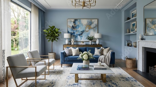  A bright living room showcasing blue walls and a fireplace, enhancing the room's warmth and charm.