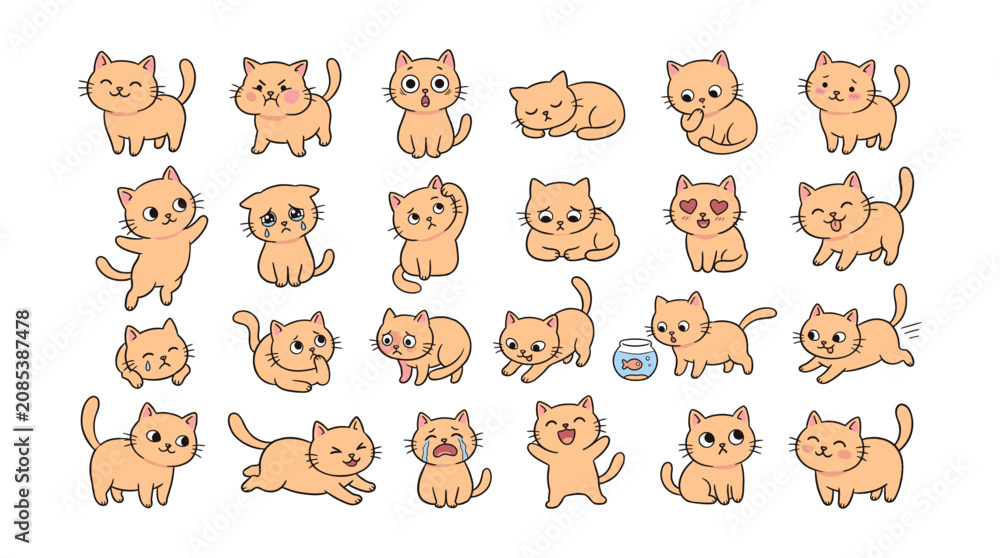 Fototapeta premium Adorable Cartoon Cats Collection in Various Playful Poses and Expressions.