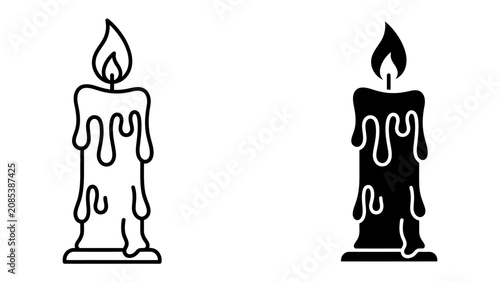 Photography Dripping Candle Icon Set: A simple yet elegant set of two candle icons, one outlined and the other filled, showcasing melting wax and a flickering flame