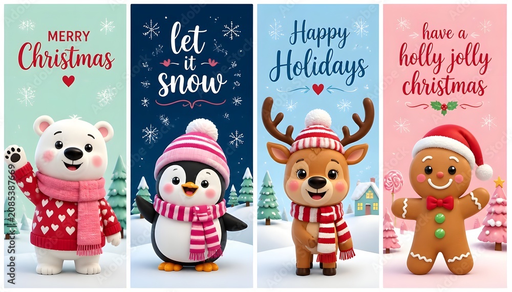 Fototapeta premium Winter holiday banner set with cute cartoon animals character.