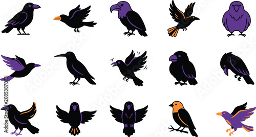 Tableau sur toile Raven and crow bird icon collection featuring flying perched wildlife characters
