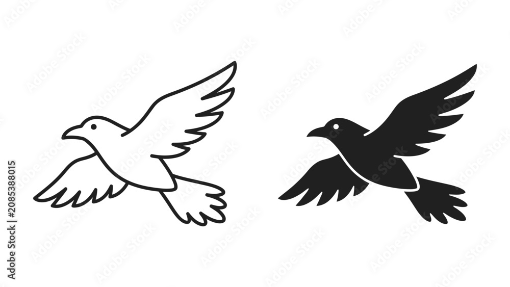Fototapeta premium Duo of Flying Doves: A simple graphic representation featuring two doves, one outlined in black and white, the other a solid black silhouette, soaring in mid-flight.