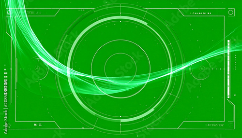 Futuristic Green HUD Interface with Abstract Light Streaks and Circular Scans, Digital Technology Background