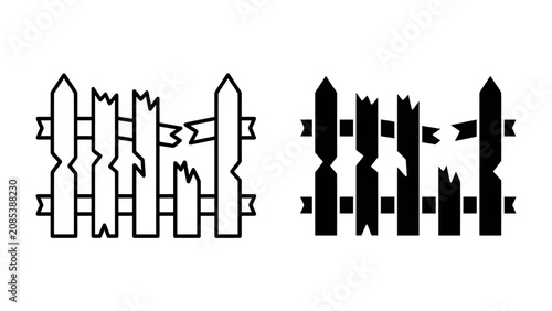 Fotografía Broken Fence Icon: Two stylized fence illustrations, one outlined and one solid black, depict a broken wooden fence with missing pickets, symbolizing damage or barrier