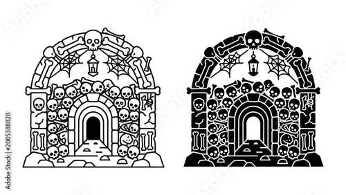 Foto Gothic Archway of Skulls: A foreboding gothic archway, adorned with human skulls and bones, looms ominously with a lantern casting an eerie glow
