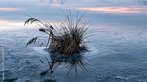 Winter grass reflection on an ice-covered lake at twilight sunset
