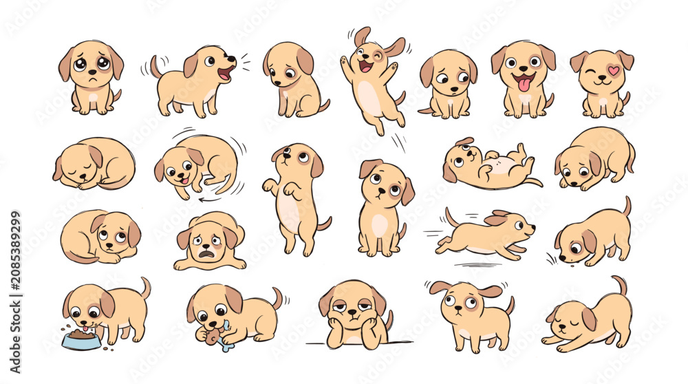 Fototapeta premium Adorable Cartoon Golden Retriever Puppies Collection in Various Playful Poses.
