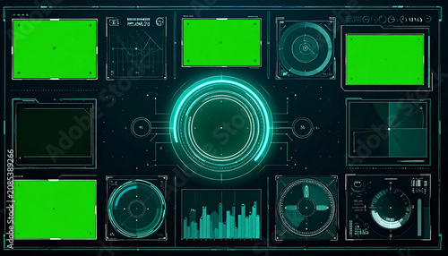 Futuristic HUD Interface Display with Green Screen and Data Visualizations for Sci-Fi and Technology Concepts
