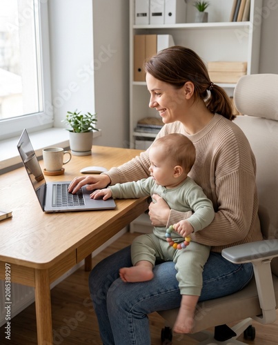 Mother working on laptop with baby on lap in home office