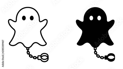 Foto Ghost with Ball and Chain: A cute, stylized ghost illustration in both outline and solid fill, tethered by a ball and chain