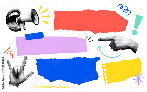 Trendy Mixed Media Collage Set with Torn Paper Strips, Megaphone, Hand Gestures and Colorful Doodles, Retro Zine Style Design Elements Collection Isolated on Transparent Background