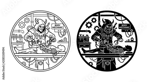 Photos Sci-Fi Mechanic Operates on a Humanoid: Two circular monochrome illustrations depict a sinister sci-fi mechanic in a hooded costume, complete with horns