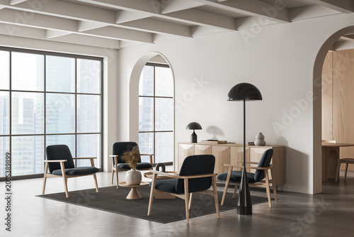Modern minimalistic interior lounge with wooden furnishings, soft seating, large city‑view windows and contemporary decor in a refined architectural space. 3D Rendering