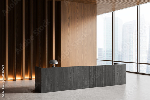 Modern interior lobby with wood slat wall, sleek dark reception counter and panoramic city window view creating elegant contemporary atmosphere. 3D Rendering