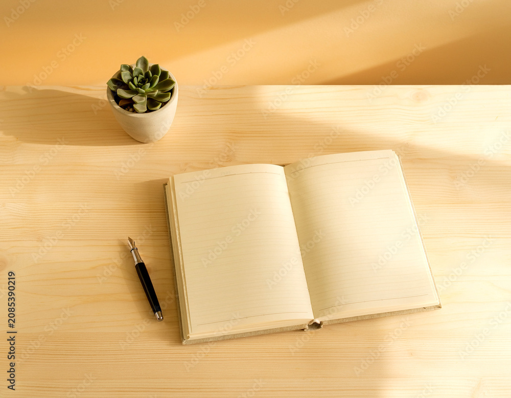 Fototapeta premium Open blank notebook with fountain pen and succulent plant on wooden desk.