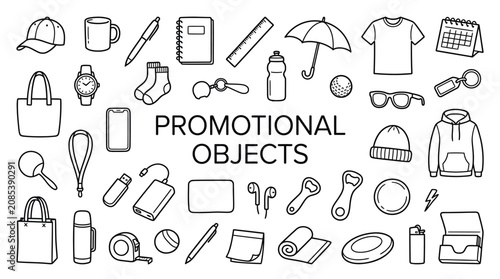 Foto Promotional objects doodles illustration featuring everyday items used for brand