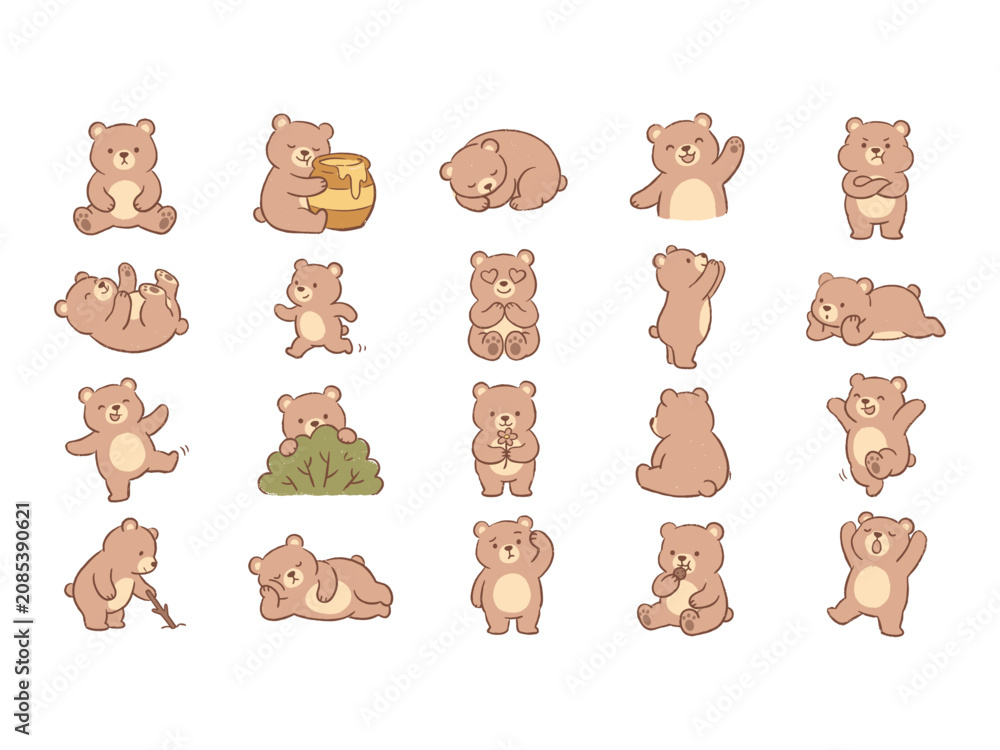 Fototapeta premium Adorable Cartoon Bears Collection Posing in Various Cute Playful Positions.