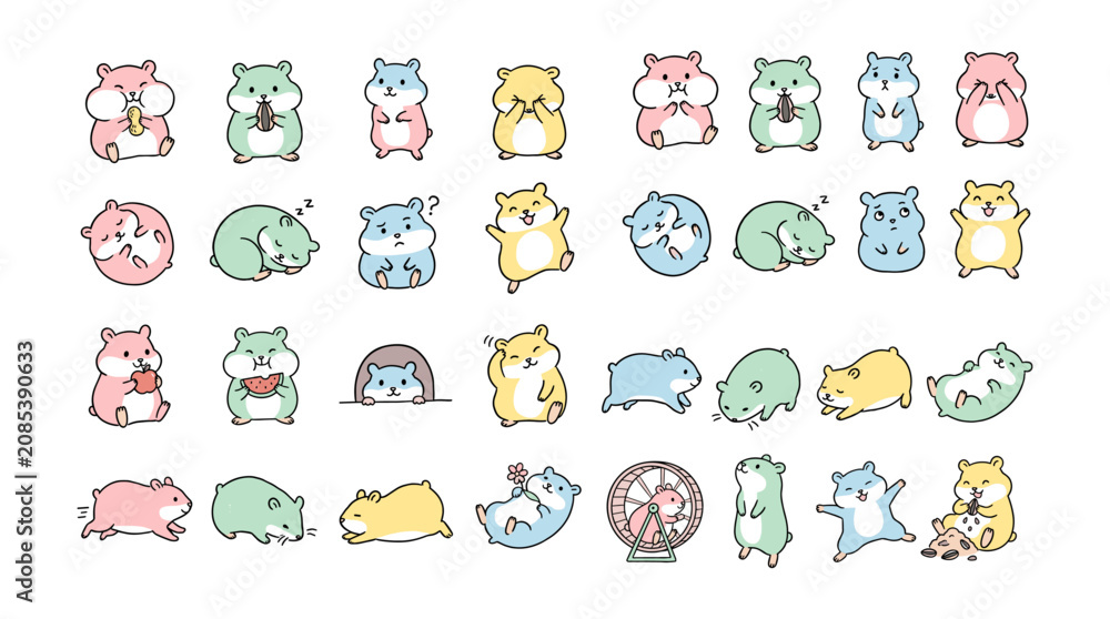 Fototapeta premium Cute Colorful Hamsters in Various Poses and Activities Collection.