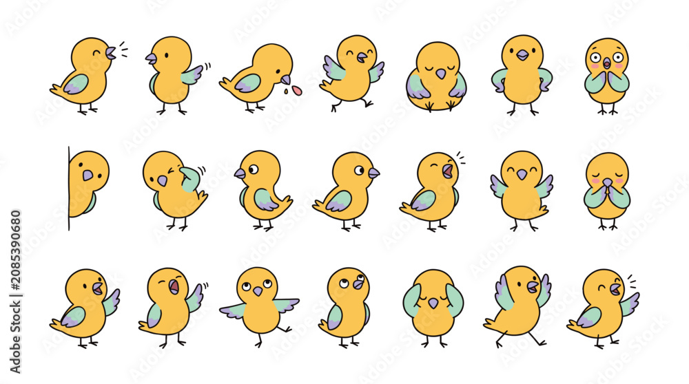 Fototapeta premium Adorable Cartoon Yellow Chicks Expressing Various Emotions and Playful Poses Collection.