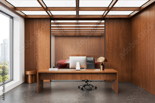 Modern wooden office interior with minimal desk, large window view, and refined architectural design elements in warm tones. 3D Rendering