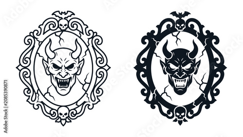 Fotografi Haunting Demonic Portrait: A menacing demonic face with sharp fangs and piercing eyes is framed by an ornate, gothic-style border featuring skulls and a bat