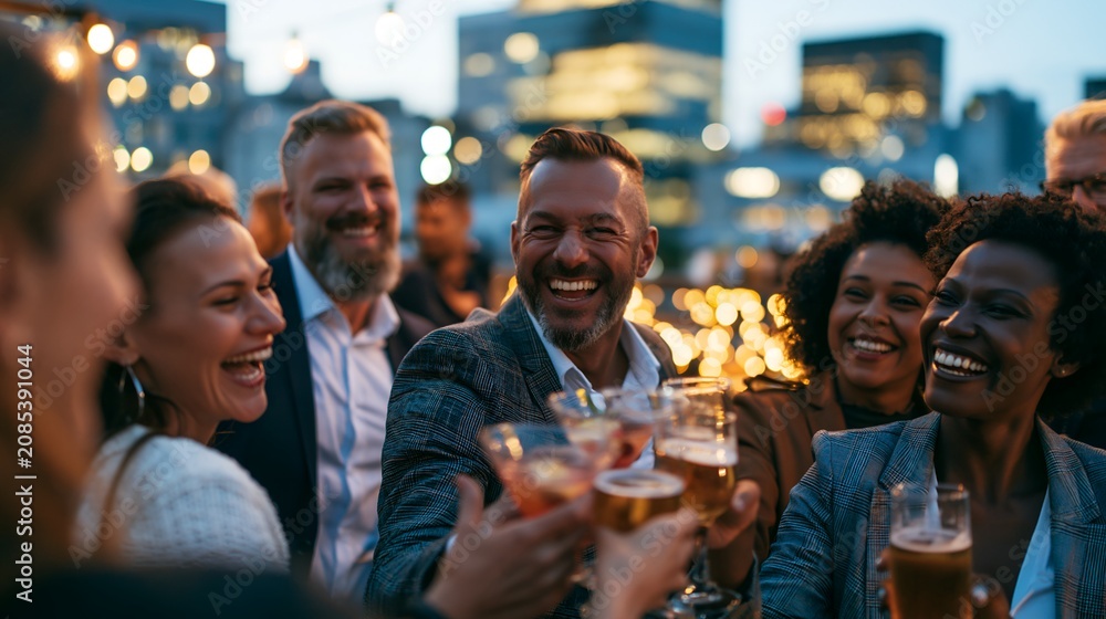 Obraz premium Diverse group of corporate colleagues enjoying drinks and laughing at a rooftop bar