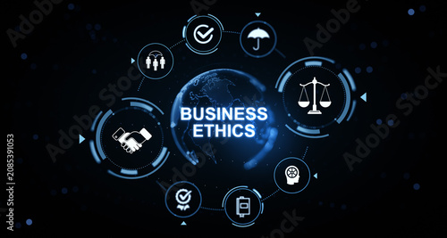 Photos Business ethics concept with glowing digital icons around globe on dark background representing integrity and moral principles in commerce