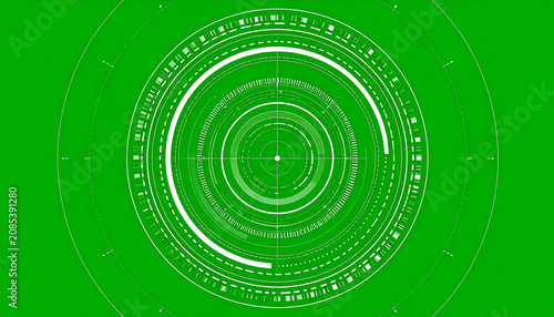 Futuristic Circular HUD Interface with Concentric Rings and Digital Data Elements on a Vibrant Green Background