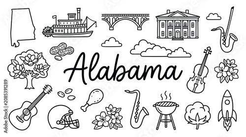 Photography Alabama doodles illustration featuring state landmarks, music, cuisine, and natu
