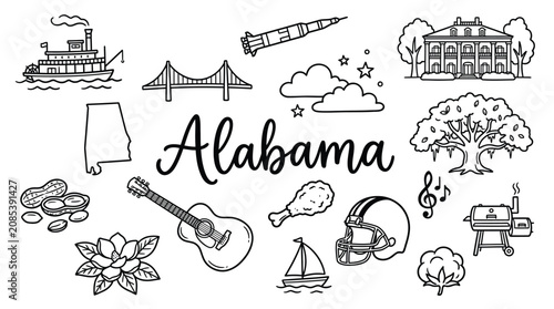 Canvas Print Alabama doodles illustration featuring state landmarks, music, cuisine, and natu