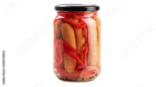 Obraz na plátně Glass jar with pickled sausages red peppers, and onions